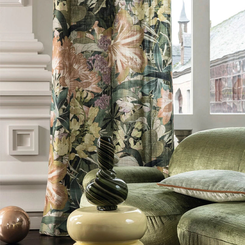 Sea of Blossoms –  floraler Design Vorhang nach Maß auf schwerer Leinen-Viskose-Qualität Hibiskus und Lilien